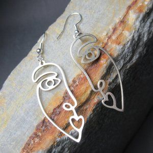 Dreaming Face Kiss Earrings, Abstract Silver Plate